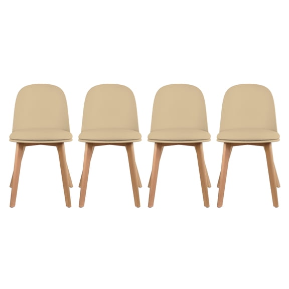 Set of 4 Armless Plastic Dining Chair Wood Legs for Dining Room Faux Leather Molded Seat With Cushion, Beige