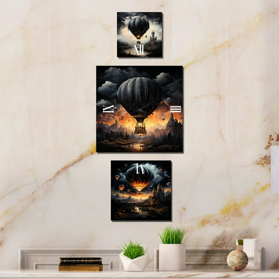 Designart "Mysterious Journey of the Dark Balloon" Hot Air Balloon Oversized Wall Clock - Set Of 3 - Extra large Clock For Office Décor - Large Modern Wall Clock