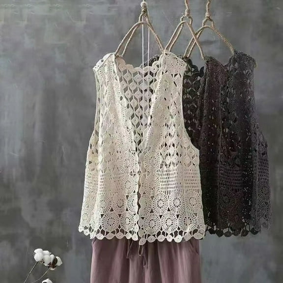 Women's Crochet Lace Vest, Hollow Out See Through Cover Up Top, Summer Beach Bikini Cover Up, Sexy Crop Top for Vacation, Party, Date Night, and Going Out Outfits Beige One Size