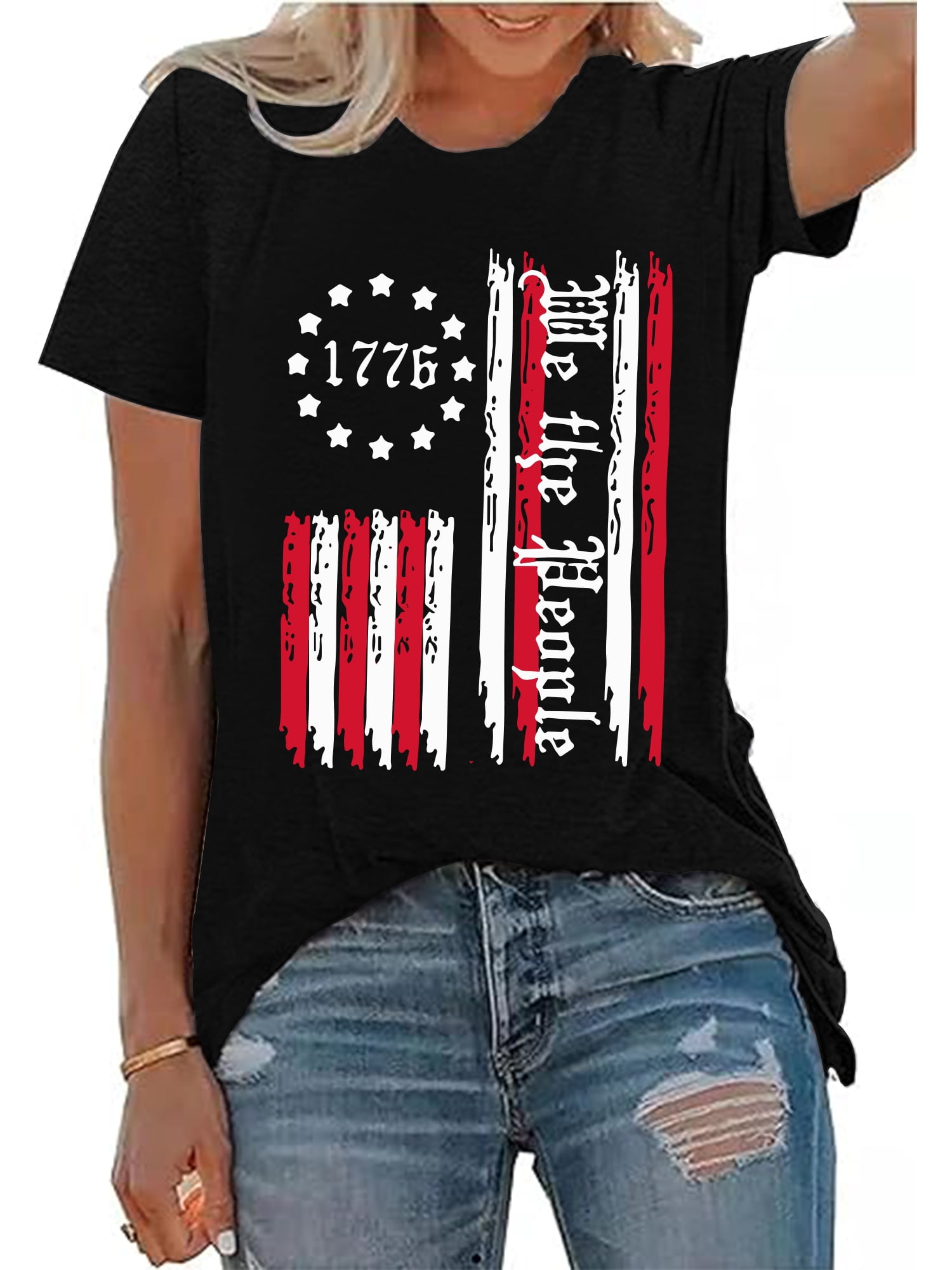 Cute 4th Of July T-Shirt For Women - Patriotic American Flag Heart Graphic Tee In Marina Blue