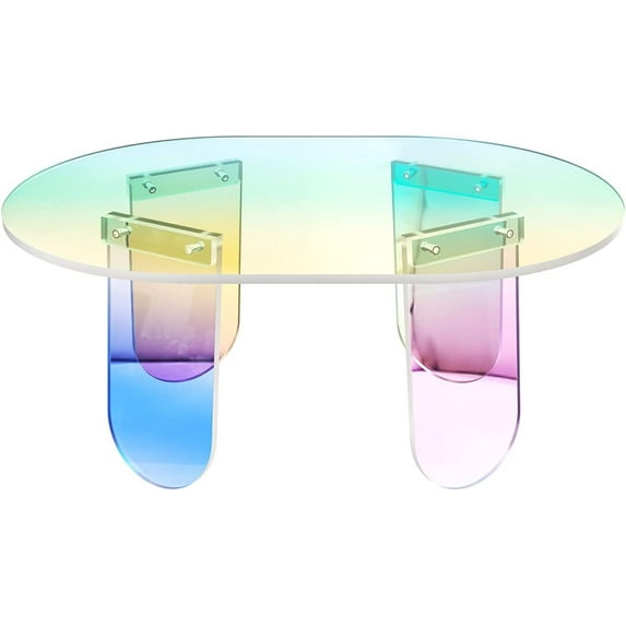 ZXNYH Acrylic Coffee Tables Modern Accent Night Stand Iridescent Table Coffee Table Side Table Round End Table Modern Chic Desk-Living for Office Home Decor (4 Legs Style, 37.4"L X 19.7"W X 13.8"H)