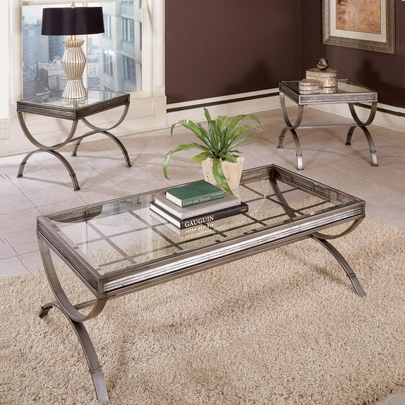 Steve Silver Emerson Windowpane Glass and Metal Silver Coffee and End Table 3 Piece Set