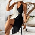 thumbnail image 4 of Qzwdhjm Womens Crochet Bathing Suit Coverup Halter Color Block Mini Dress Sleeveless Wrap Swimsuit Coverups Beach Loungewear Cover Up, 4 of 7
