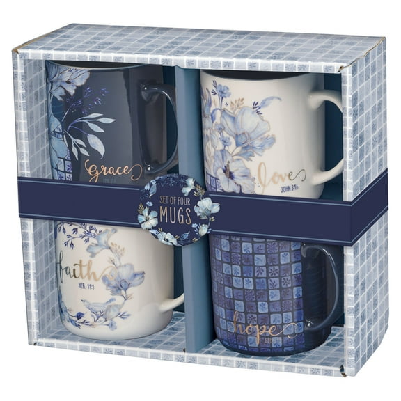 Mug Set 4pc Blue Floral Geometric, (Hardcover)
