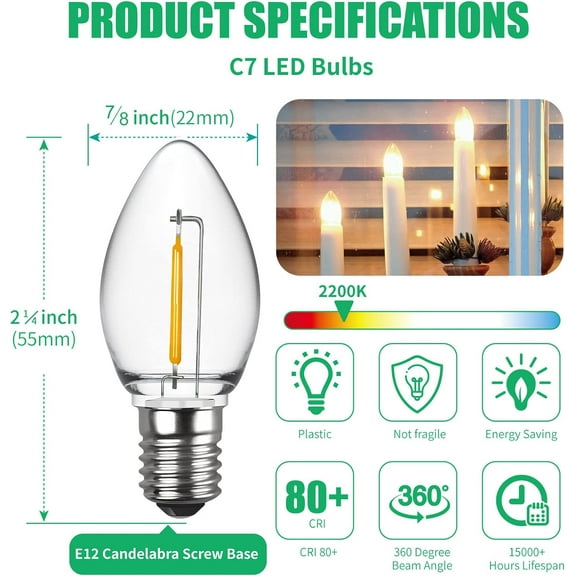 SHILIU-C7 LED Night Light Bulbs, Shatterproof LED Replacement Bulbs for Window Candles & Chandeliers, E12 Candelabra Base, 0.6 Watt Equivalent to 7Watt Incandescent Bulb, Warm White, 15 Pack