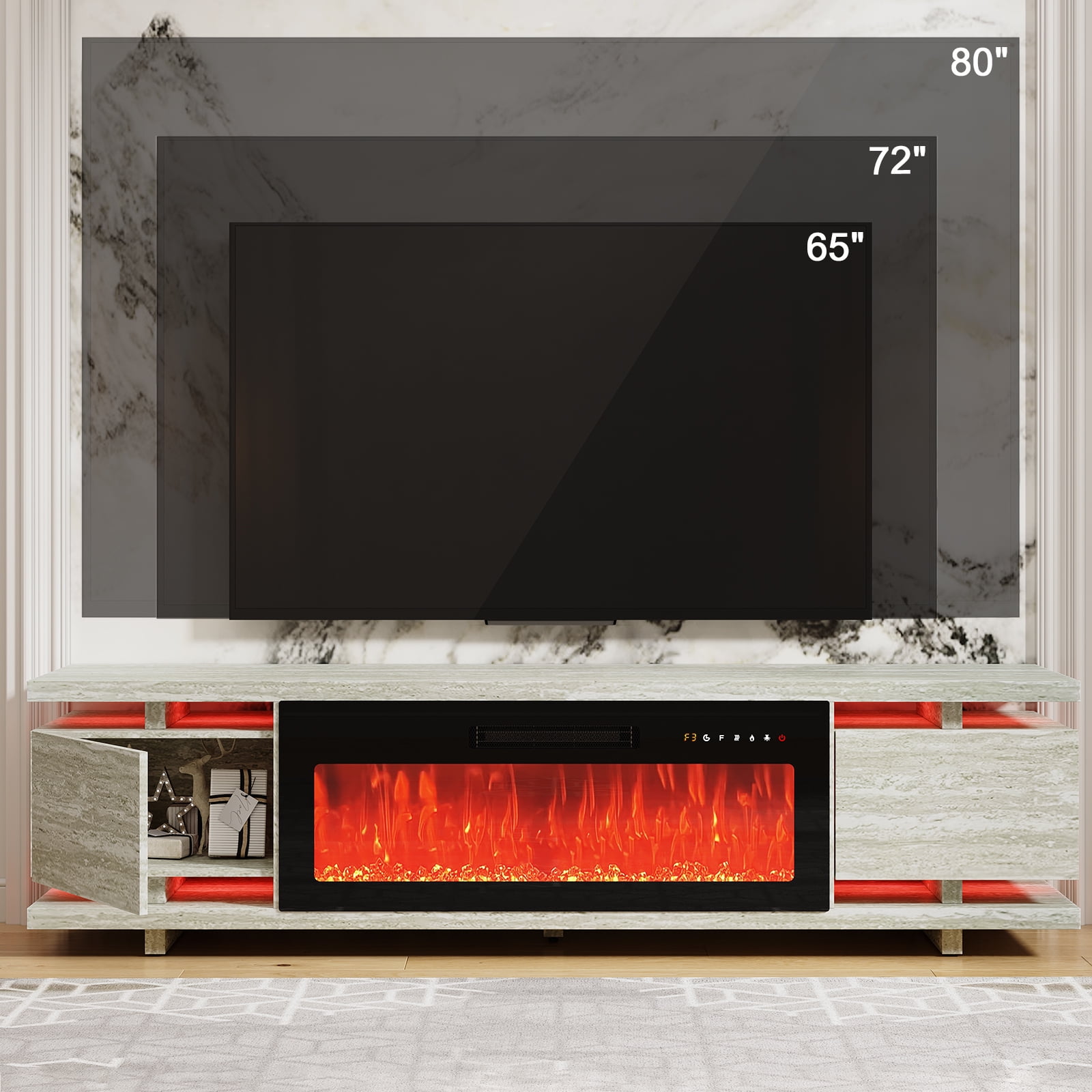 Redayfur 69" TV Stands with Electric Fireplace for TVs up to 80",Remote Control and LED Lights,Travertine