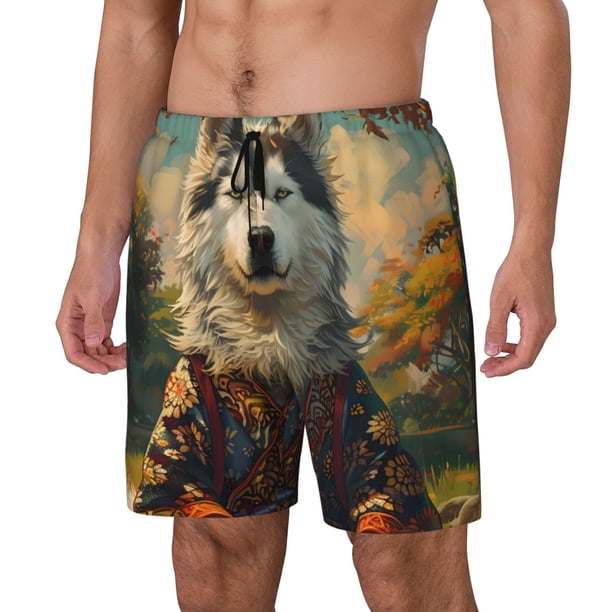 Balery Forest Maple Leaf Husky Bañador para hombre, shorts de playa de secado rápido con entrepierna y forro de compresión-Small