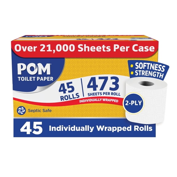 POM Pom Embossed 2-ply Toilet Paper, White, 45 Rolls, 473 Sheets