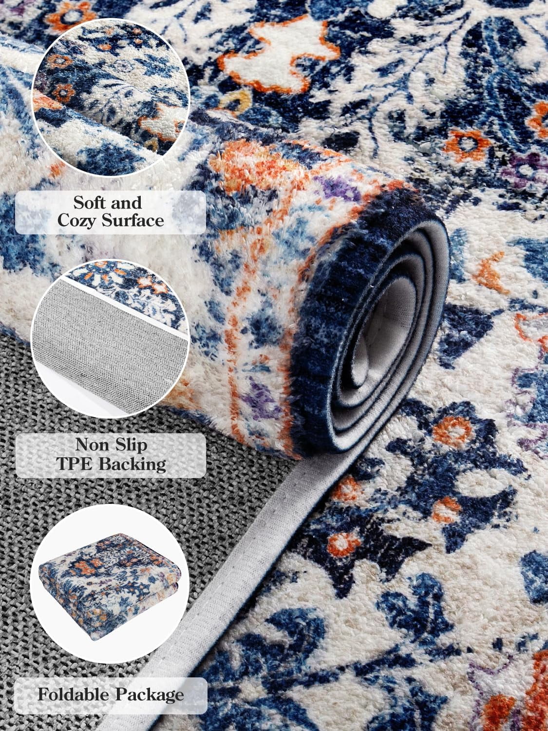 Wonnitar 2'x3' Bohemian Floral Medallion Area Rug,Oriental Distressed Small Bath Rug Country Vintage Doormat Faux Wool Non-Slip Washable Low-Pile Carpet for Bathroom Kitchen Laundry Room Decor