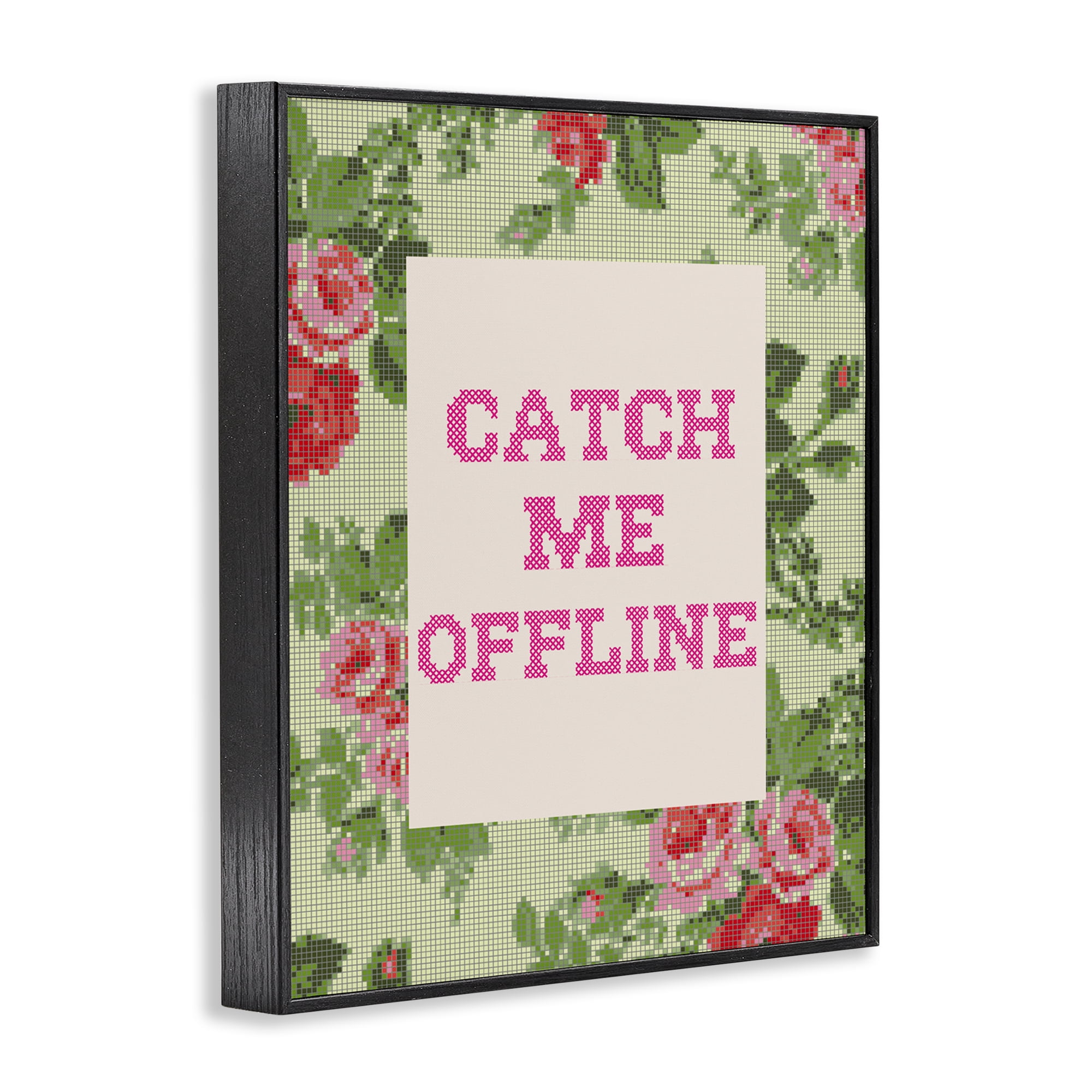 Stupell Industries Catch Me Offline Faux Cross Stitch Black Framed Giclee Art, design by Lil' Rue