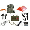 Ultimate Arms Gear Level 3 MOLLE Woodland Digital Backpack Kit; Signal Mirror, Polarshield Blanket, Knife Fire Starter, Wire Saw, Axe, 50 Foot Paracord, Camping Tube Tent, Whistle & First Aid Kit