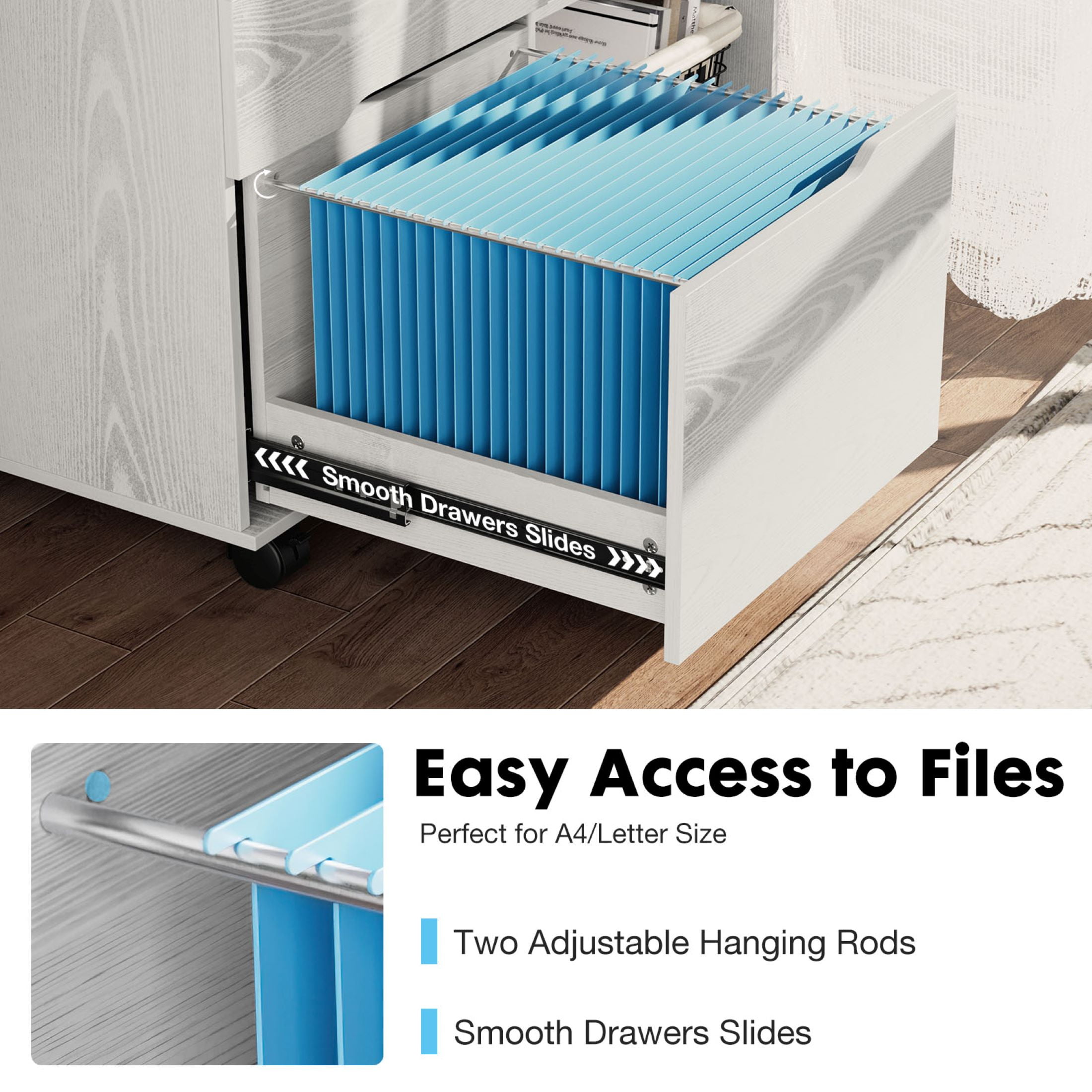 GIANNA 3 Drawer File Cabinet with Wheels, Rolling Wood Printer Stand and Open Storage Shelves for Home Office, White