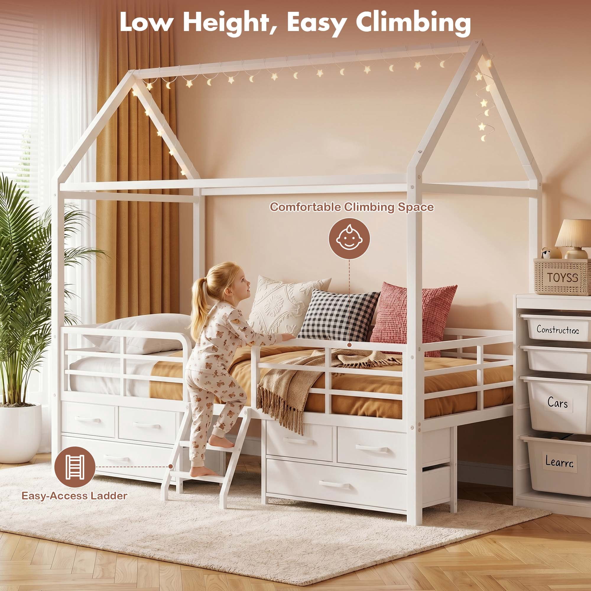 Miniyam Twin House Bed Frame with 6 Storage Drawers and Star Moon Lights, Metal Platform Bed, White