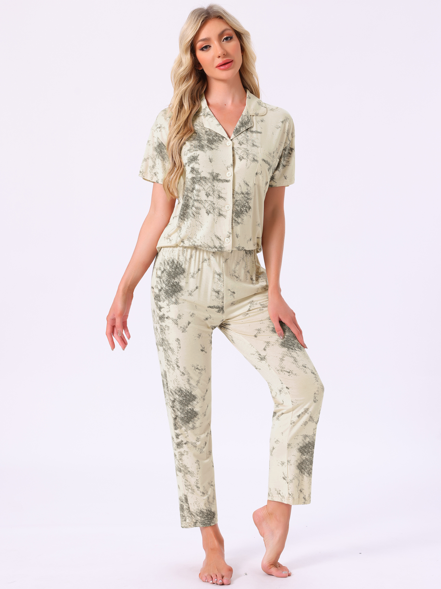 DARING DIVA Tencel Floral Short Sleeve Notched Collar Pants Set XL Beige