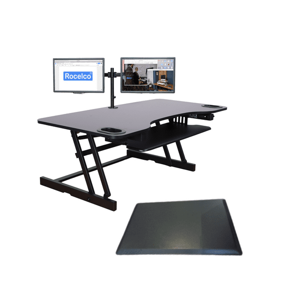 Rocelco ADRB45 Adjustable-Height Desk Riser (BLACK), Dual Monitor Mount (DM2) and Anti-Fatigue Mat (MAFM)