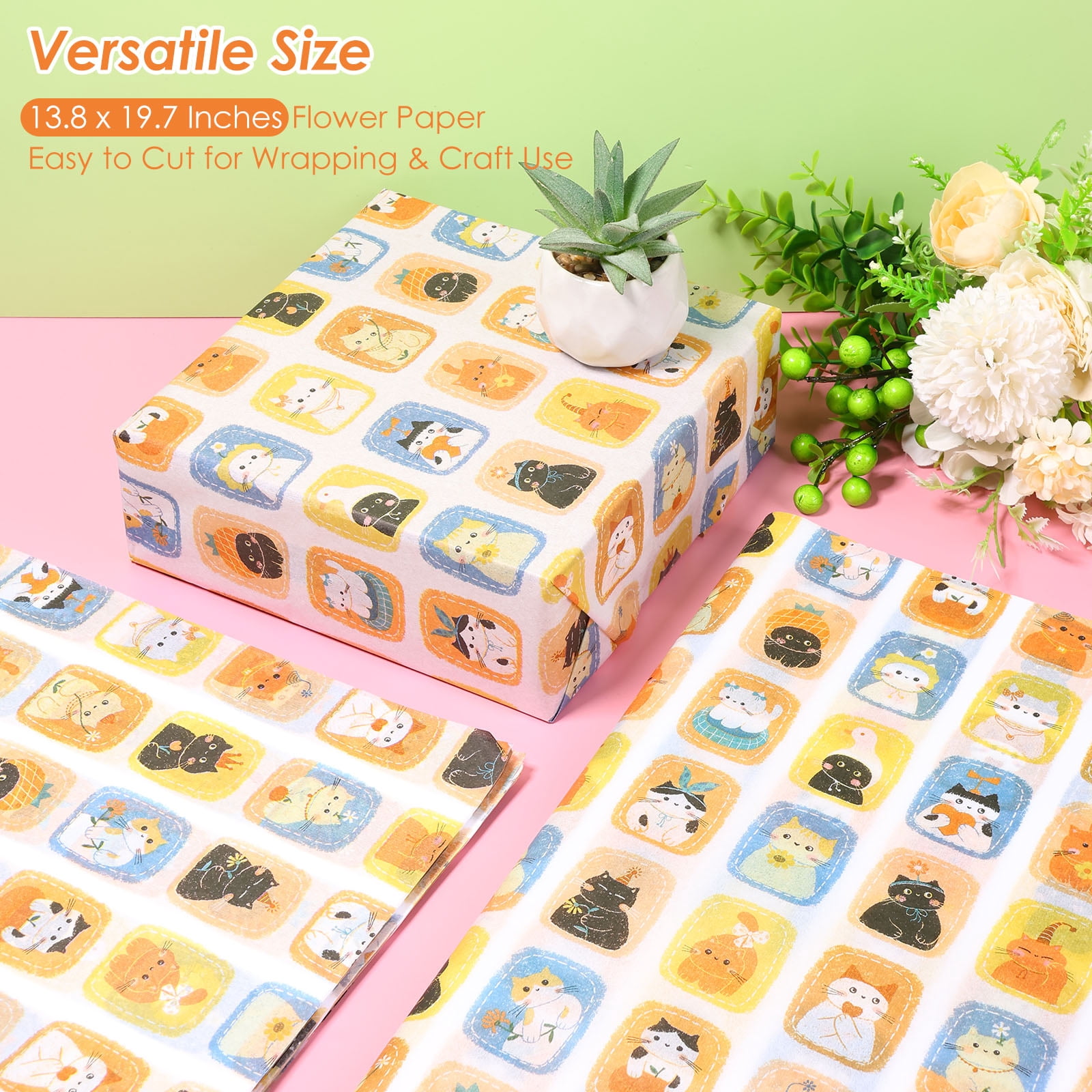 Atopoler 200 Sheet Cartoon Tissue Paper,Cute Animal Floral Preasent Wrap Tissue Paper for Wrapping Crafting Packing,20 x 14 inches,Orange Color