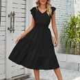thumbnail image 2 of Mrat Women Midi Dress A-Line Flowy Dress V-Neck Soid Sleeveless Casual Dress Elastic Waist Pleated Long Dress S-55 Black m, 2 of 6