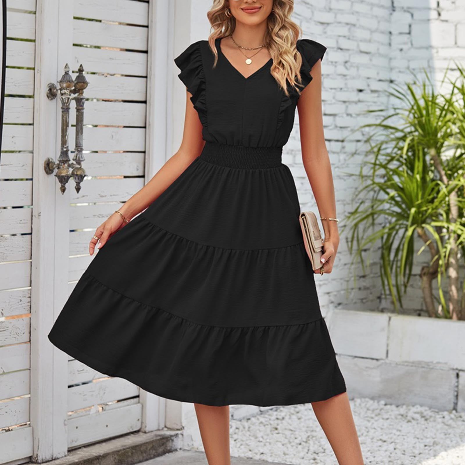 Meichang Tiered Dresses for Women Sleeveless V Neck Ruffle Dresses Casual Solid Color Midi Dresses High Waisted A Line Dresses Flowy Summer Dresses Going Out Beach Dresses Walmart