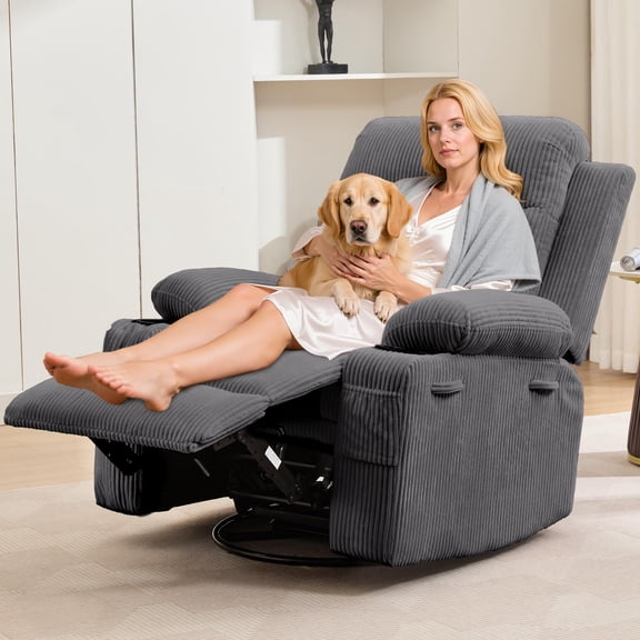 Swivel Rocker Recliner Chair, Manual Recliner Sofa with Massage & Lumbar Heating, Overstuffed Reclining Chair with Cup Holders & Side Pockets, 400 LBS Capacity for Living Room Bedroom