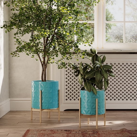 2-Piece Geometric Metal Planter Pot With 4-Leg Gold Metal Base - Turquoise - 14.75"H x 11.75"W / 12"H x 9.5"W
