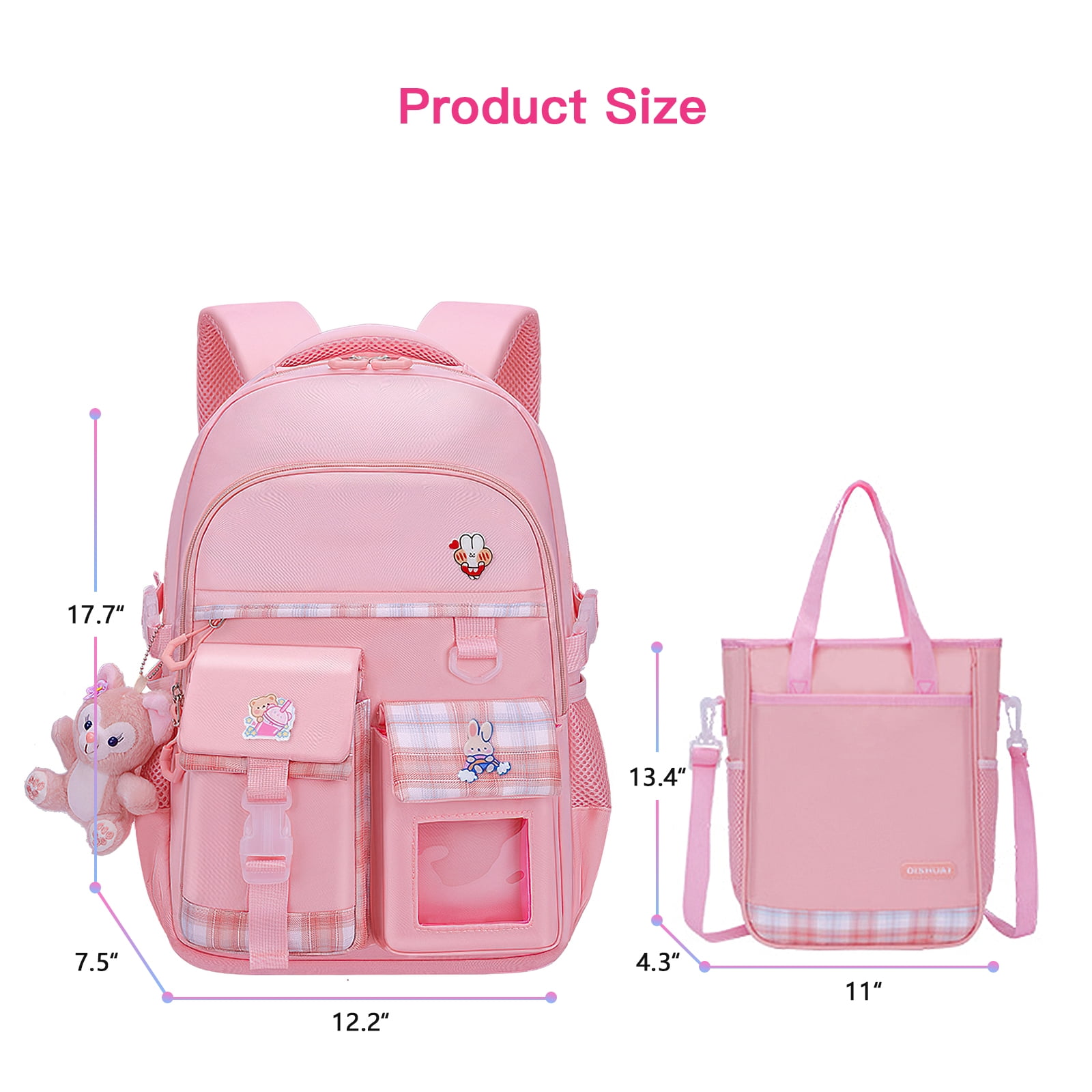 Kadyn Travel Backpacks, Cute Bookbag for Teen, Multifunctional School Durable Schoolbag with Lina Bell, 3 Decorative Cards and Lunch Bag, Pink