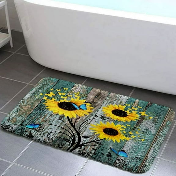 Sunflower Bath Rug, Teal Blue Butterfly on Vintage Rustic Plants Country Wood Bath Mat, Waterproof Non Slip Bathroom Decor 19X31 Inch