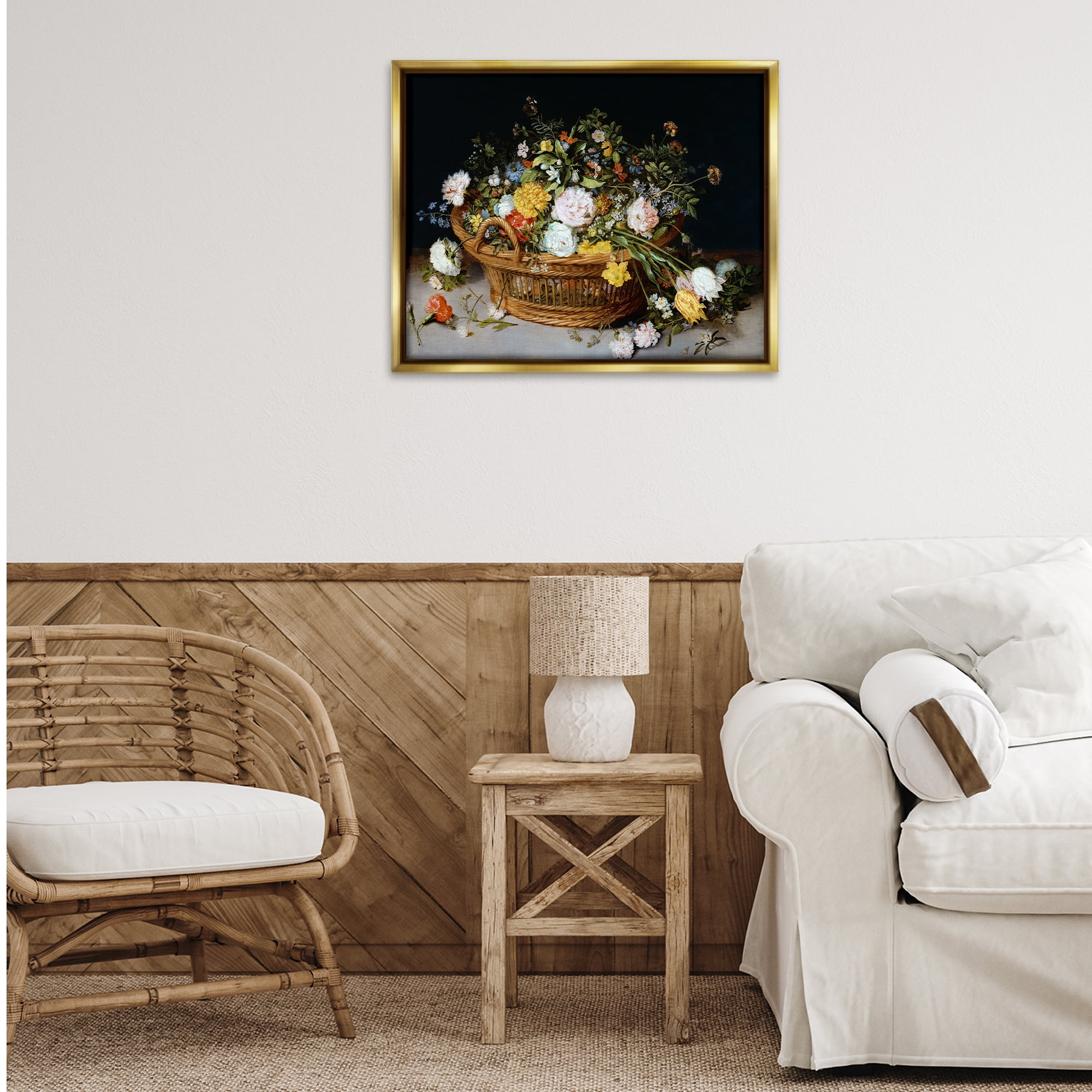 Stupell Industries Vintage Flower Basket Plants & Flowers Painting Gold Floater Framed Canvas Art Print Wall Art, 31 x 25