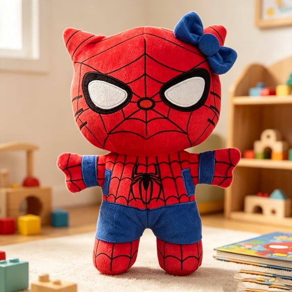 11.8in Spider Hero Plush with Bow, Cute Soft Stuffed Character Doll Aesthetic Room Decor Collectible Toy Accent Piece Holiday Present
