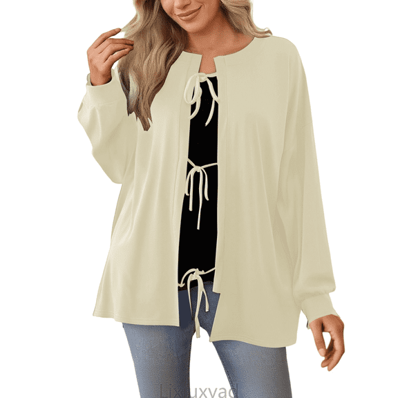 Lixiuxyad Womens Open Front Cardigan Women's Casual Loose Long Sleeve Solid Color Drawstring Belted Knit Cardigan Sweater Comfortable Stylish Outerwear,Beige