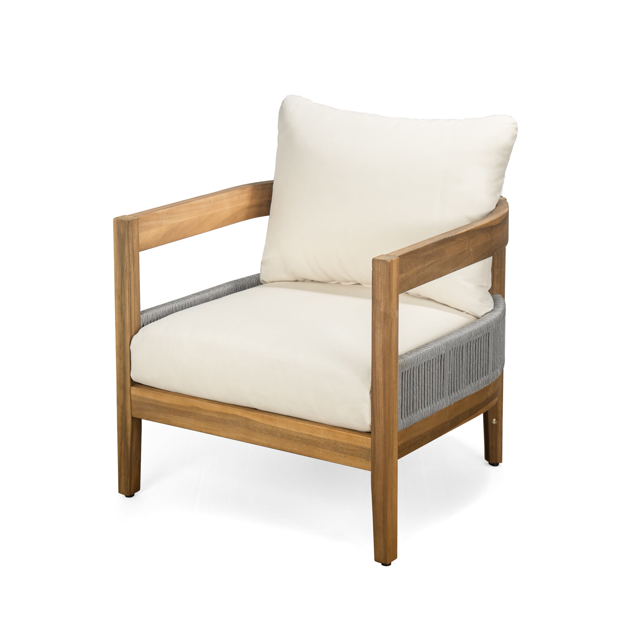 Christopher Knight Home Outdoor Patio Club Chair & Side Table Set, Rope Woven Accents, Acacia Wood Frame, Teak+Beige