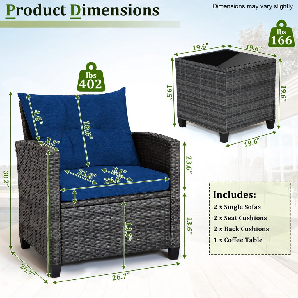 Hommoo 3-Piece Outdoor Wicker Conversation Set, PE Rattan Sofa Set with Tempered Glass Coffee Table, Weather-Resistant Patio Furniture for Backyard, Poolside & Garden, Navy