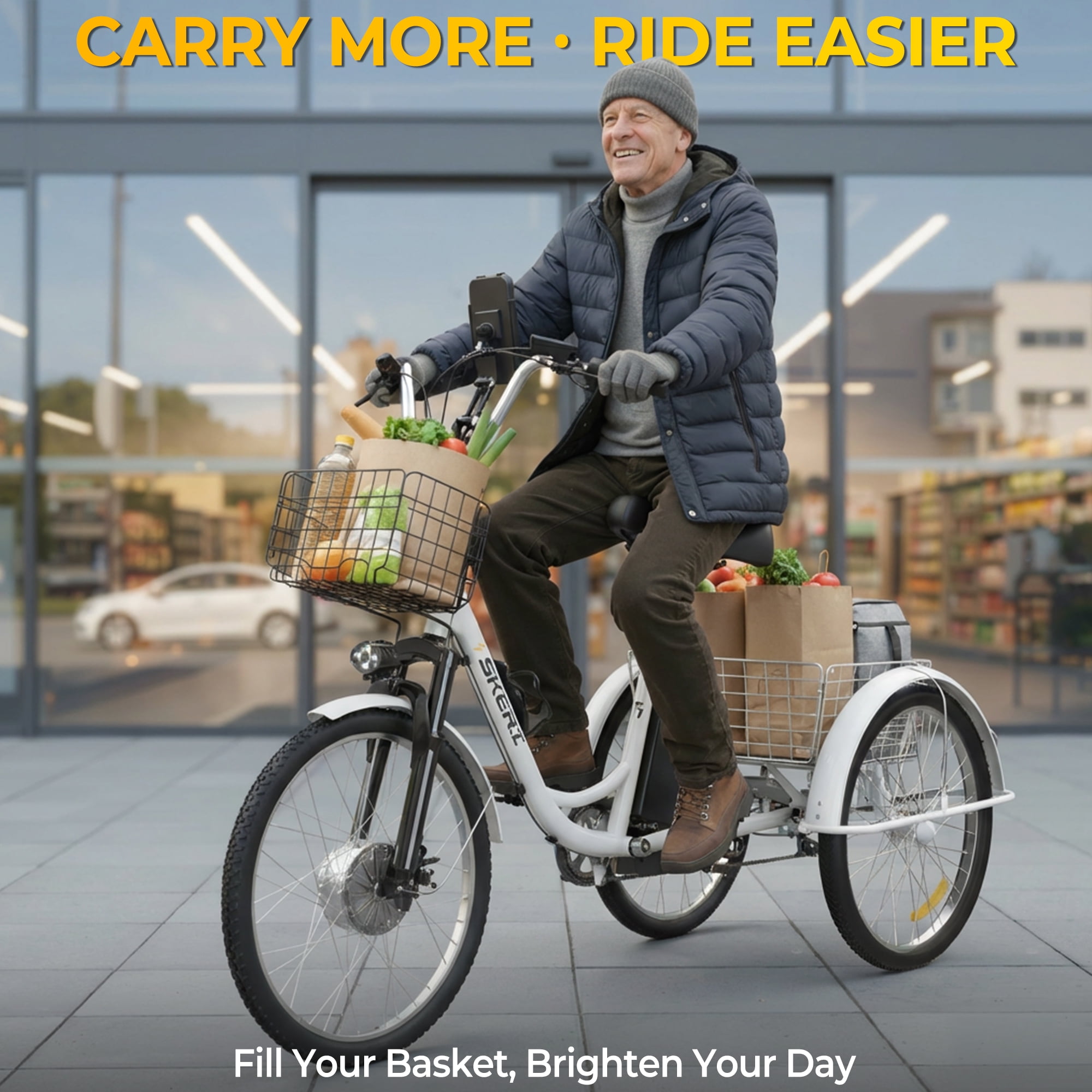 SKERI Electric Tricycle for Adults, 350W 36V White Electric Trike Motorized Three Wheel Electric Bicycle, 7 Speeds 3 Wheels Adult Electric Tricycle with Large Basket