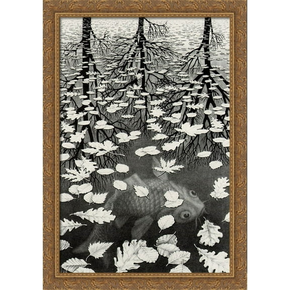 Three Worlds 28x40 Large Gold Ornate Wood Framed Canvas Art by M.C. Escher