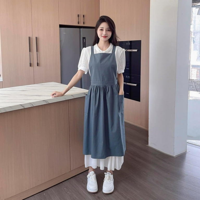Pinafore Apron Dress，Japanese Cotton Linen Cross Back Apron for