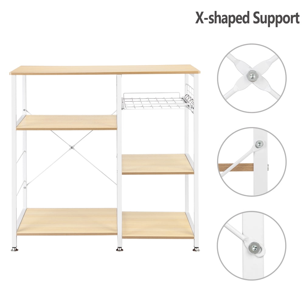 4-Layer Microwave Oven Rack with Pull-Out Basket, X-Shaped Back Bracket, Floor-Standing Kitchen Storage Shelf, White Oak, 35.4 x 15.7 x 33 in