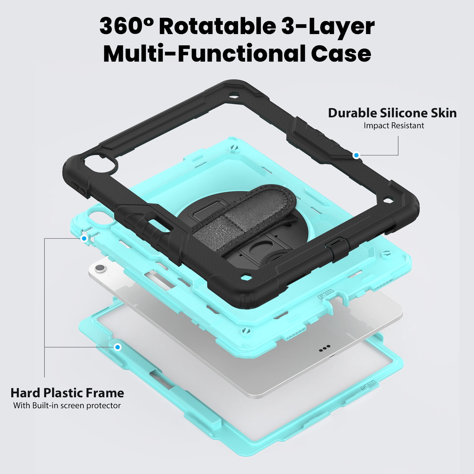 Allytechgroup iPad Air 13 2024 Case with Screen Protector / Shoulder Strap/ Pencil Holder, Heavy Duty Shockproof Rugged Handle Kickstand Bumper Case Cover for Apple iPad Air 13 Inch 2024 M2,Skyblue