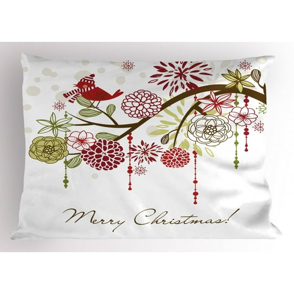 Ambesonne Christmas Pillow Sham, Red Bird Floral Tree, 26" X 20", Green White