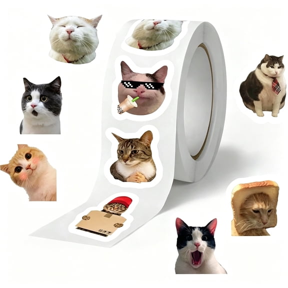 CCOCC 500Pcs Cat Stickers Roll 10 Styles Cute Animal Decals Vinyl Waterproof Sticker Pack (500 Per Roll)