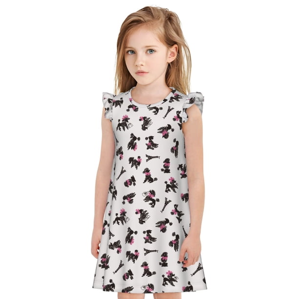 Fotbe Poodle Dog Vestido de Dormir para Niñas de 3 a 10 Años, Mangas Cortas, Estilo Princesa, Pijama Camisón con Mangas Voladas-Small