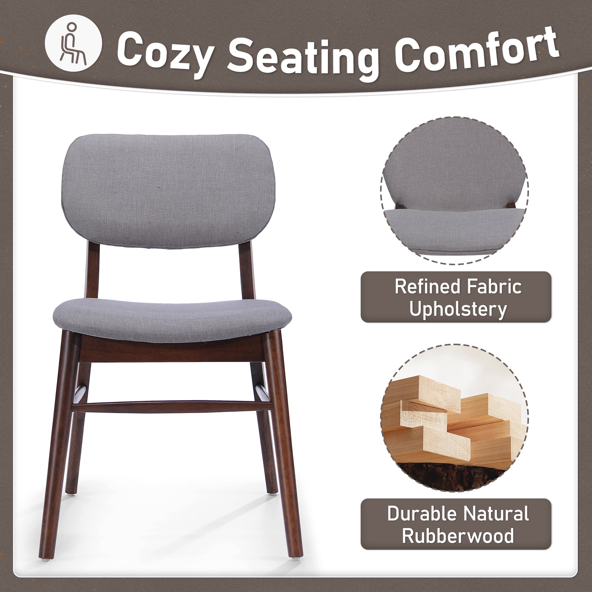 Euroco Wooden Dining Chairs Set of 2, Mid-Century Modern Upholstered Kitchen Side Chairs with Rubberwood Frame for Home,Walnut+Light Gray