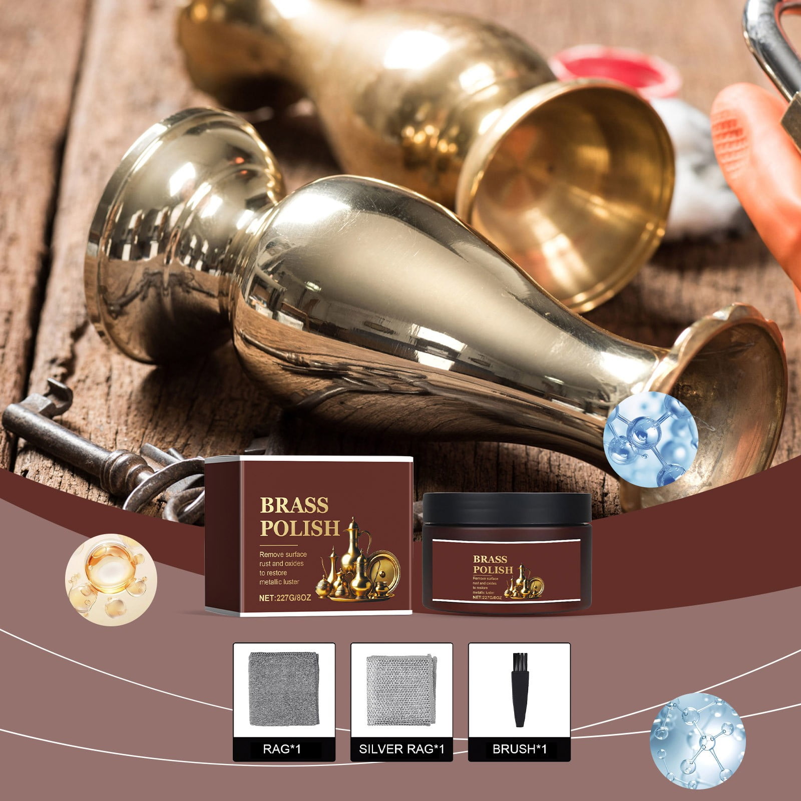 Shetay Brass Polish and Cleaner Kits,Removes Dirt, Does Not Scratch, and Maintains Shine, Copper Cleaner,Polishing Cloth, Free Rag & Silver Rag & Brush (1 pcs).
