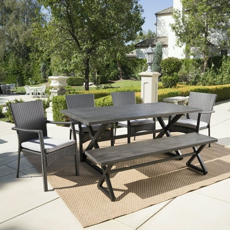 Adan Outdoor 6 Piece Aluminum Dining Set with Bench and Wicker Dining Chairs with Cushions, Grey, Black