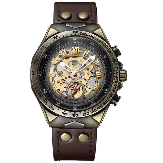 Reloj Mecánico Automático Vintage para Hombre, Esfera Esqueleto Correa de Cuero, Reloj de Pulsera Luminoso Impermeable de 30 M