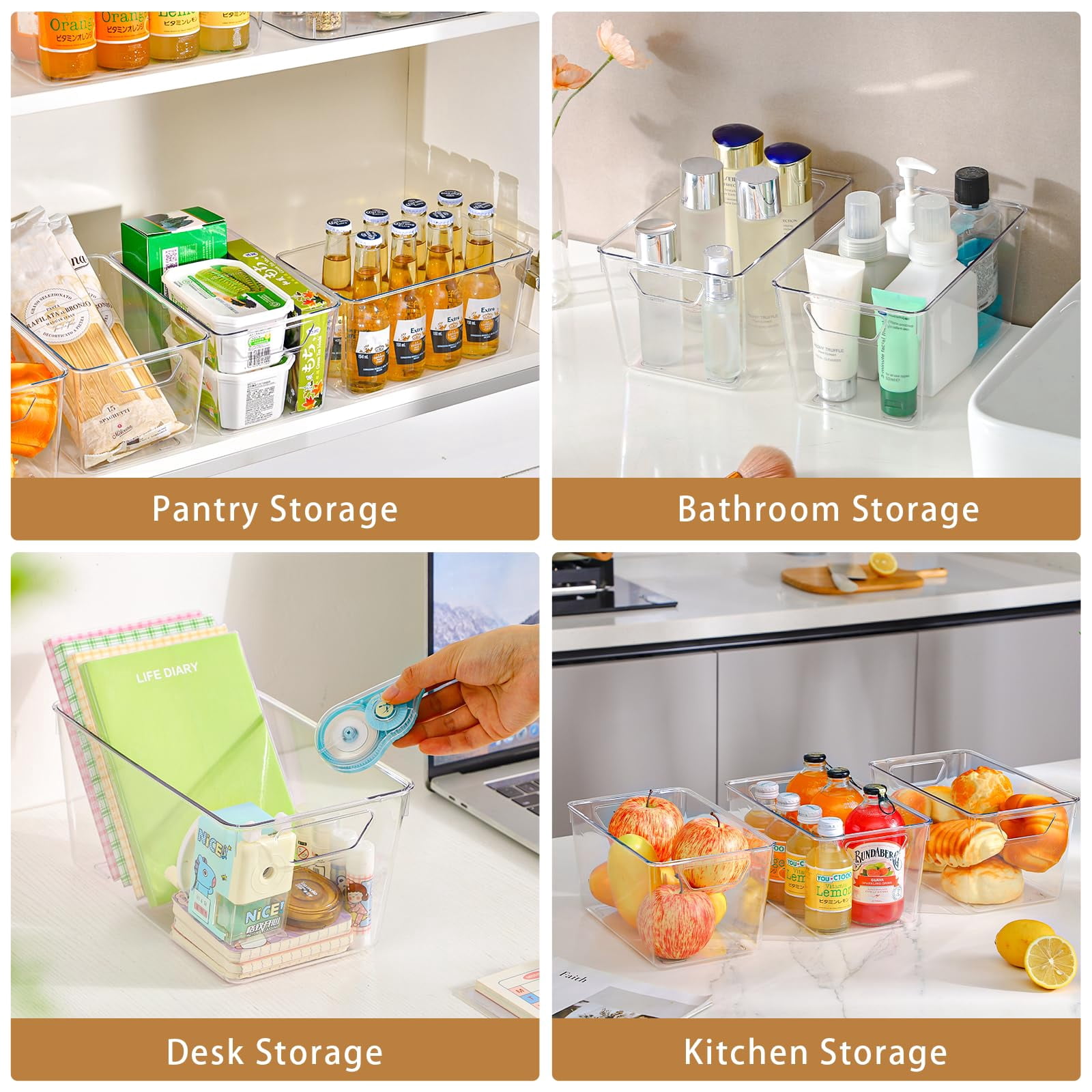 12 Pack Clear Plastic Pantry and Cabinet Storage Bins with Handles, Durable Acrylic Organizers for Fridge and Kitchen Shelves, Space-Saving Containers