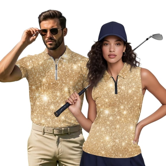 HUIACONG Gold Glitter Couples Matching Shirts Sleeveless Golf Tops for Women Golf Shirt for Men Short Sleeve Active Tops Lightweight Moisture Wicking Breathable Outdoor Wear Man S