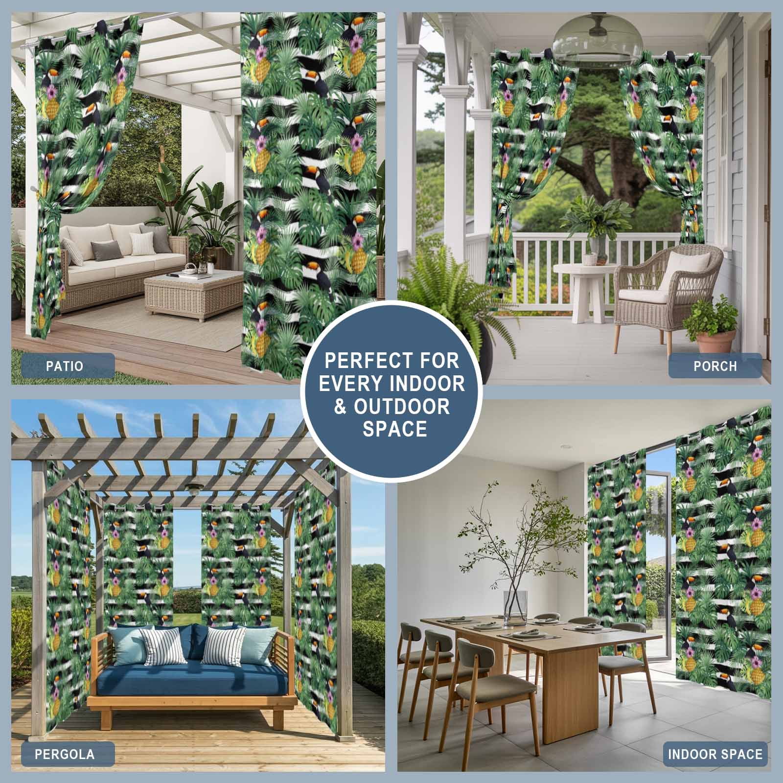 Summer Black Bird Outdoor Curtains for Patio, Pineapple Green Leaf Tropical Plant Pink Flower Striped Sunshade Privacy Drapes Grommet Waterproof Outside Curtains for Porch Balcony 54"x108", 1 Panel