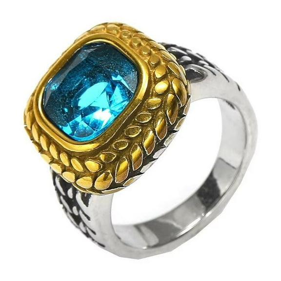 HIJONES Women Men's Wheat Pattern Square Gemstone Stainless Steel Ring Vintage Personalized Hip Hop Jewelry Silver Blue Size 12