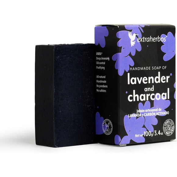 Jabón Artesanal de Carbón Activado y Lavanda Extraherbos 100g, limpieza profunda, anti-acné, elimina puntos negros, control de grasa, ideal para pieles mixtas y grasas