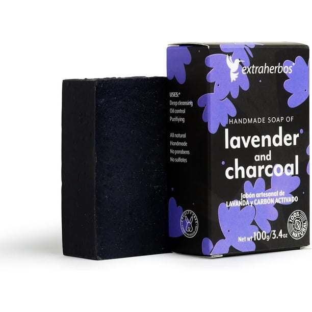 Jabón Artesanal de Carbón Activado y Lavanda Extraherbos 100g, limpieza profunda, anti-acné, elimina puntos negros, control de grasa, ideal para pieles mixtas y grasas
