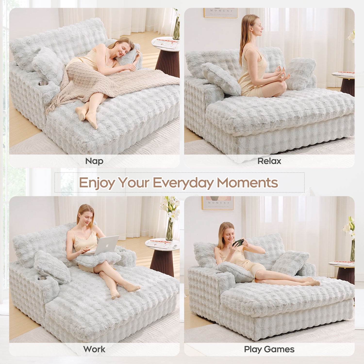 Faux Fur Upholstered Plush Fabric and Wood Frame Sleeper Sofa with Chaise, Gray